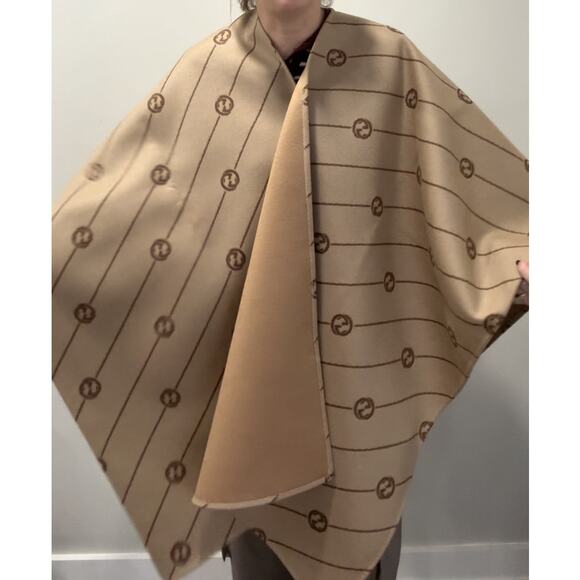 Gucci Interlocking G Striped Wool Poncho Cape Shawl Wrap – Brown Logo - Picture 4 of 8